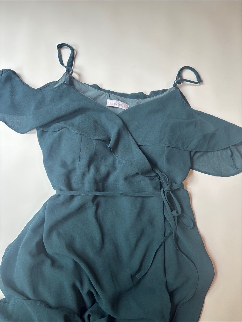 One-Shoulder Teal Ruffle Wrap Dress